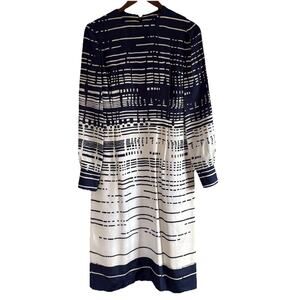 Vintage 80s Elizabeth Arden Navy Blue & White Silk Long Sleeve Midi Dress Sz 12
